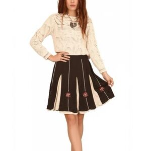 Ann Taylor LOFT Boho Floral Embroidered Full Ruffle Skirt Womens Size 6 P Brown